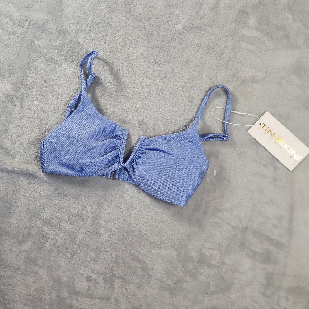 Tinibikini Bikini Top Periwinkle Blue Ribbed V-Neck Classic Shimmery Resort XS